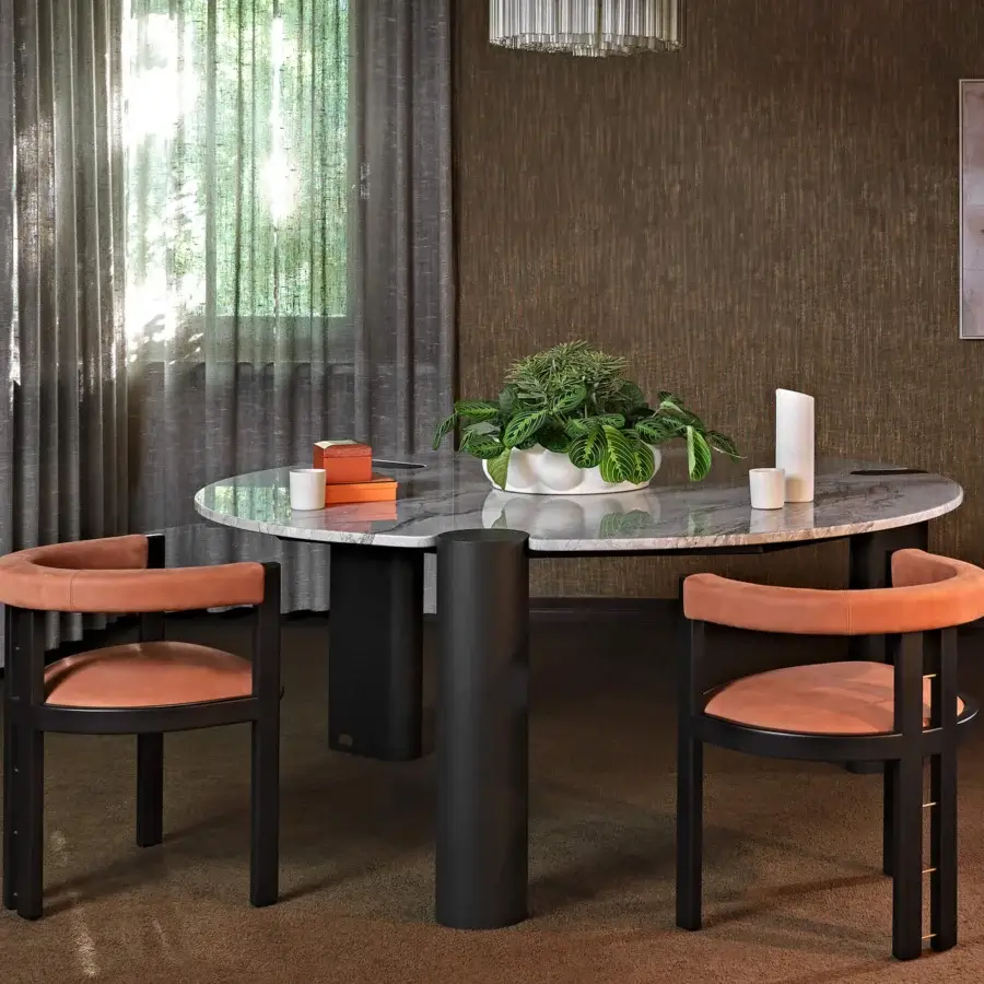 Distinguished Black Tie Amoris table crafted from precious marble and quartzite with a polished glossy finish