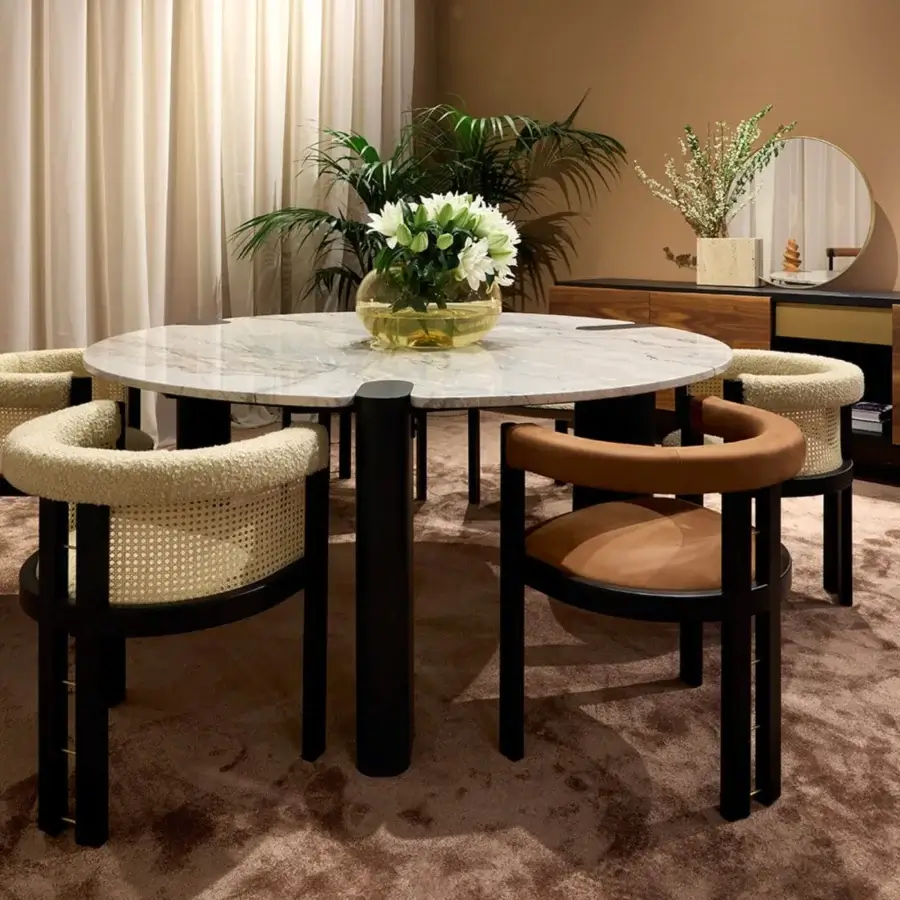 Exceptional Black Tie Amoris table crafted from precious marble and quartzite with a polished finish and contrasting dark legs