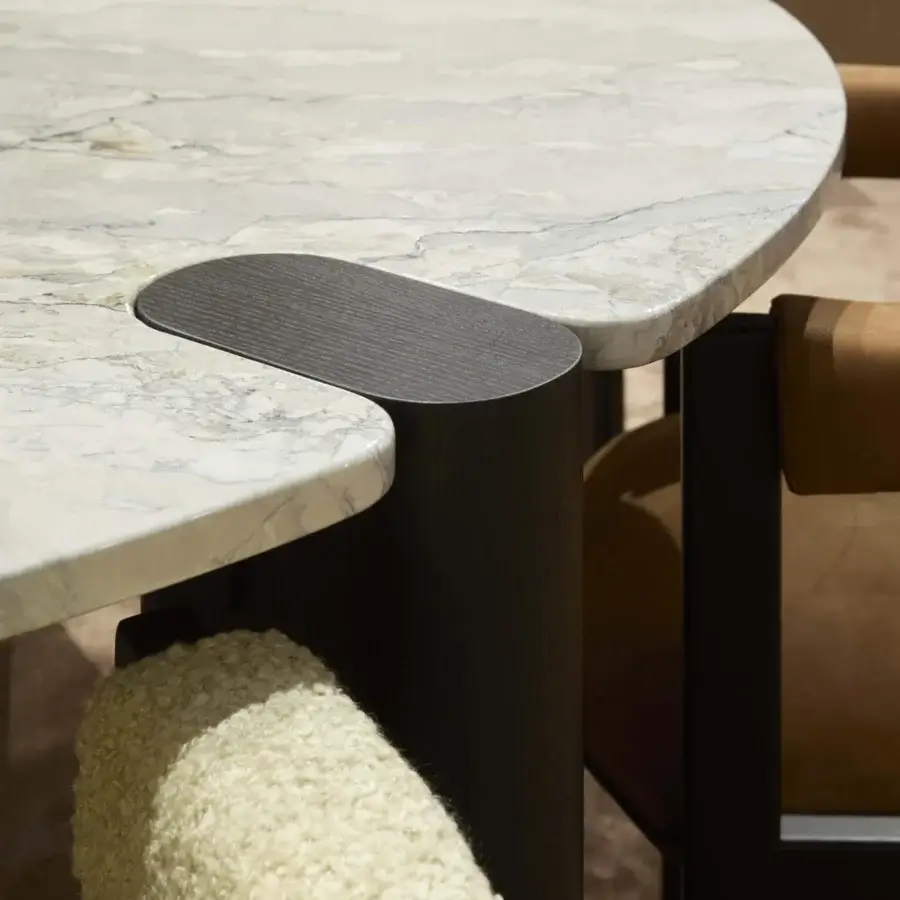 Captivating Black Tie Amoris table crafted from precious marble and quartzite with gray and white veining in a polished finish with a satin wood base