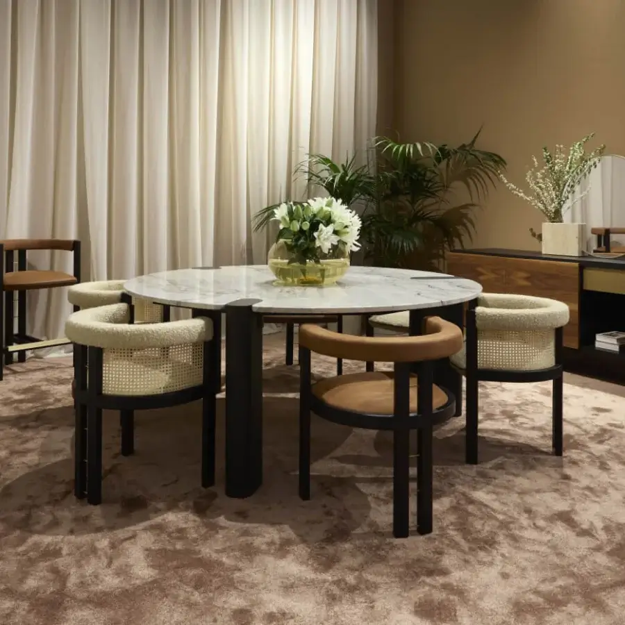 Distinguished Black Tie Amoris table crafted in white and grey veined marble and quartzite with a dark matte finish