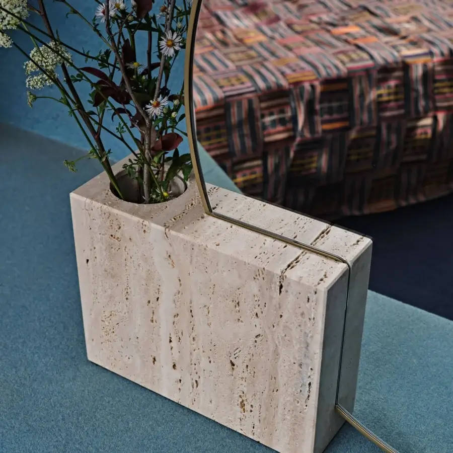 Superior Black Tie Tìam Mirror Pot vessel crafted from travertine stone with polished gold-toned metal and a matte finish