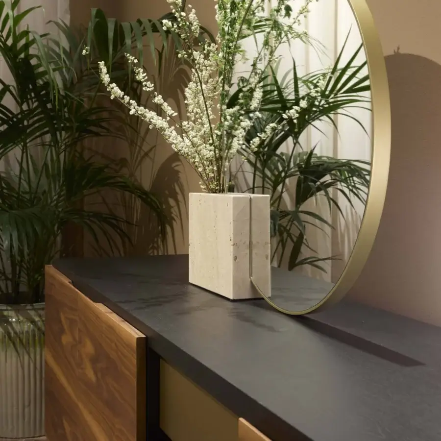 Elegant Black Tie Tìam Mirror Pot vessel with a light beige textured finish embodies contemporary Italian furniture design