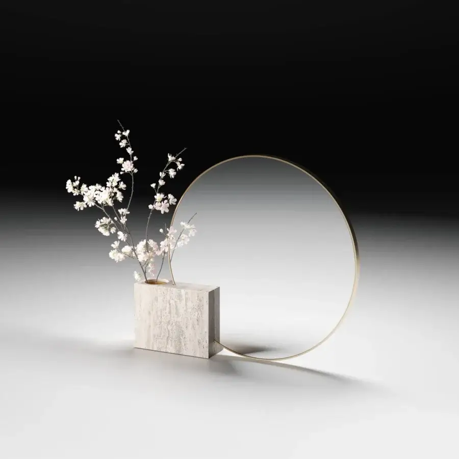 Superior Black Tie Tìam Mirror Pot vessel crafted in light beige stone-like material with a satin gold metallic arc and matte finish