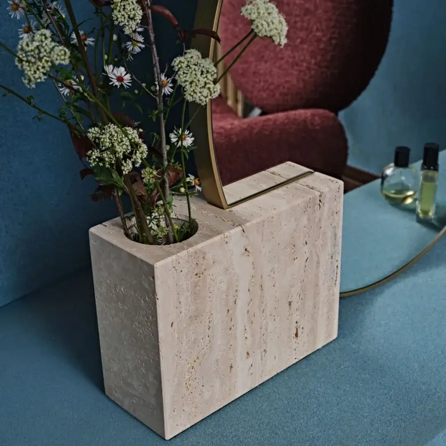 Exceptional Black Tie Tìam Mirror Pot vessel crafted in warm beige travertine stone with a matte finish