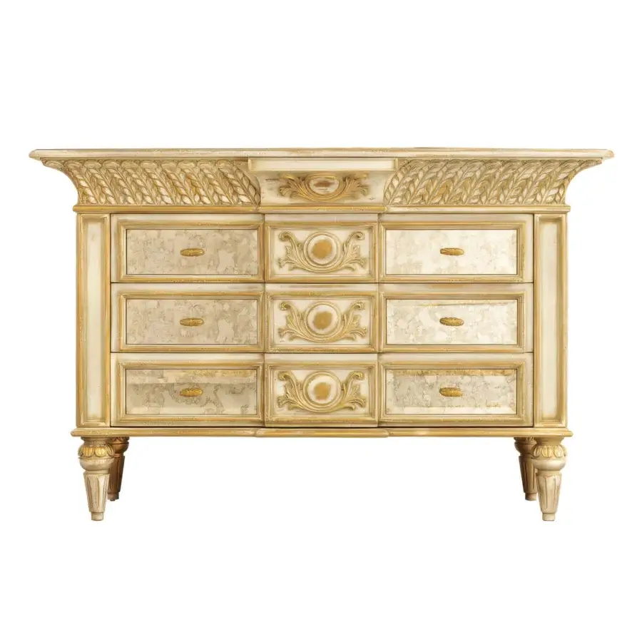 Superior Faber Mobili Constellation dresser crafted in cream and gold with antiqued mirrors and carved floral motifs in satin finish