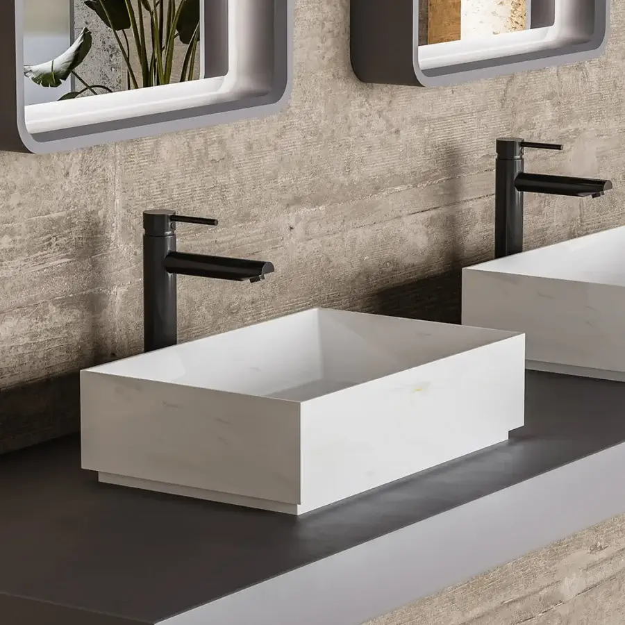 Distinguished Norah Design CUBA 01-02 washbasin crafted in white Norahcryl with delicate grey veining and smooth texture