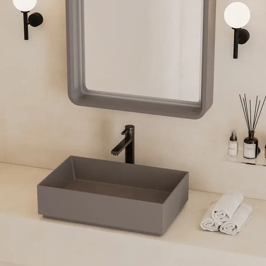Architectural Norah Design CUBA 01-02 washbasin crafted in muted grayish-brown Norahcryl with smooth matte finish