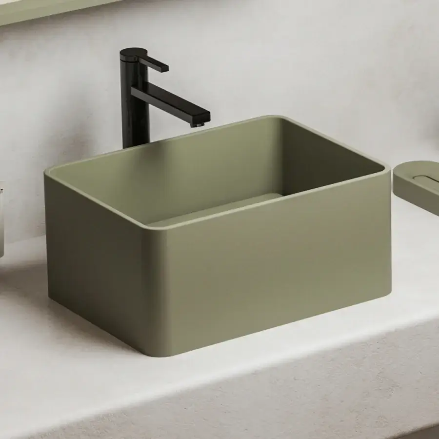 Exceptional Norah Design CUBA 03 washbasin crafted in muted olive green Norahcryl with a velvety matte finish