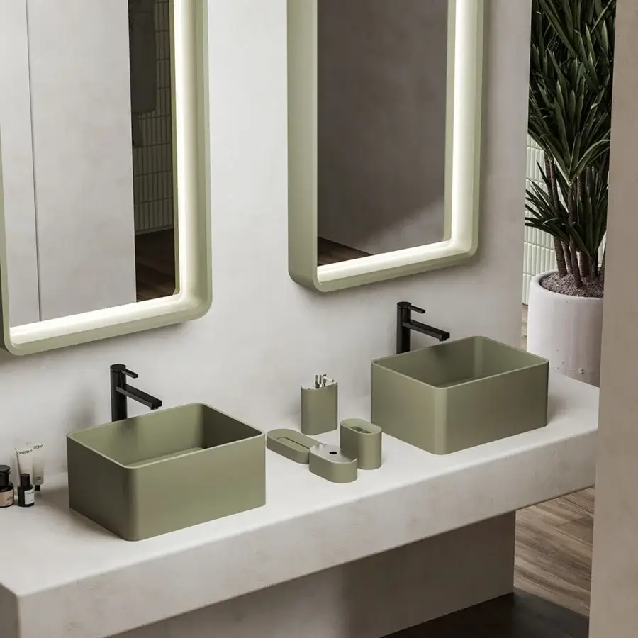 Superior Norah Design CUBA 03 washbasin crafted in muted olive green Norahcryl with a velvety matte finish