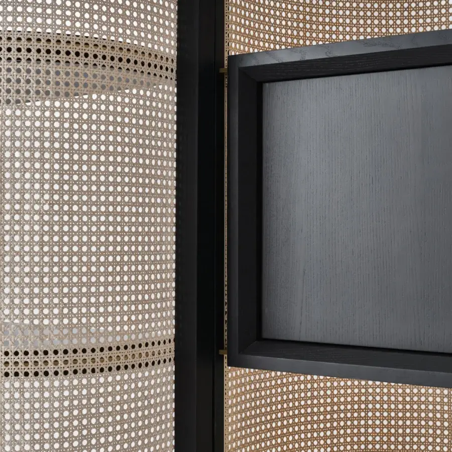 Elegant Black Tie Itoku bookcase crafted in dark-toned wood with woven rattan paneling and a matte finish