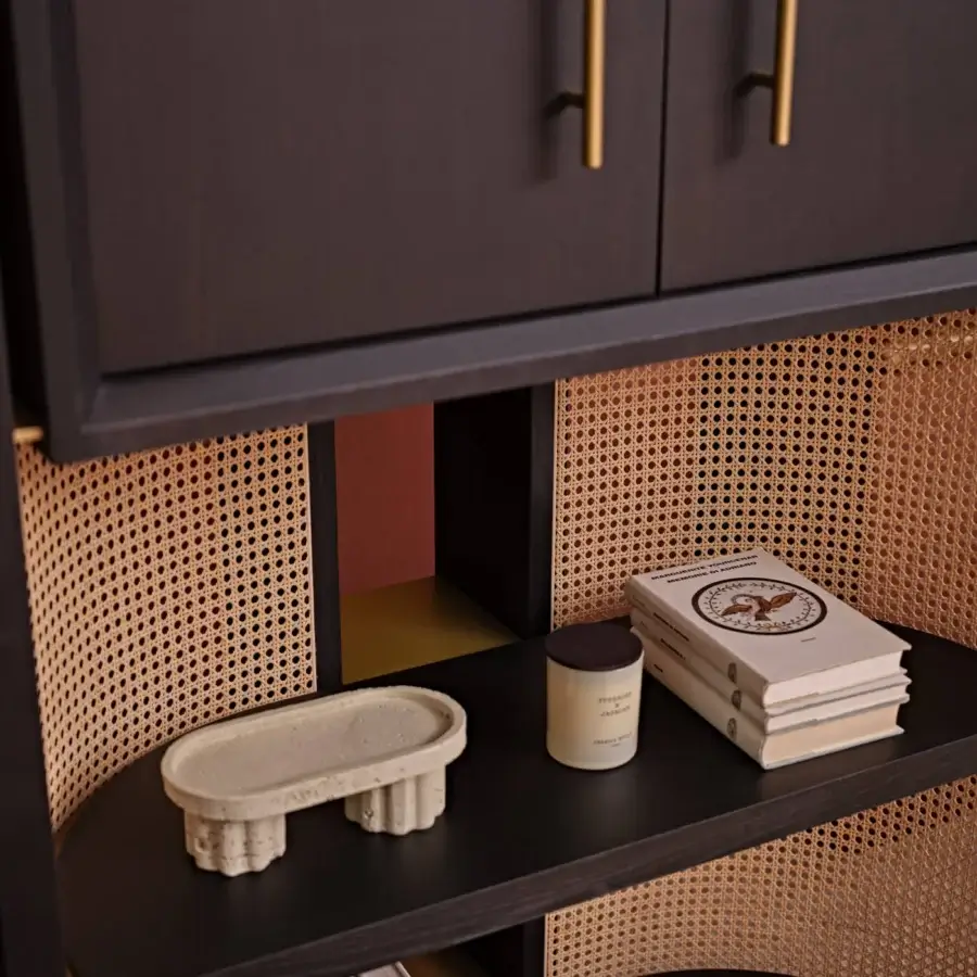 Exceptional Black Tie Itoku bookcase crafted in wood with muted gray finish and woven rattan detailing