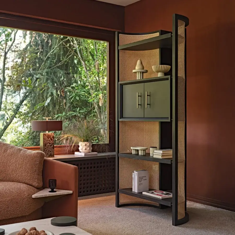 Distinguished Black Tie Itoku bookcase crafted in Italy with woven rattan and wood, presenting a satin finish in muted olive and dark tones