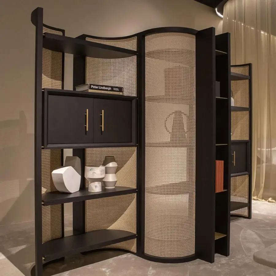 Exceptional Black Tie Itoku bookcase crafted in Italy with wood and perforated metal in a matte black finish