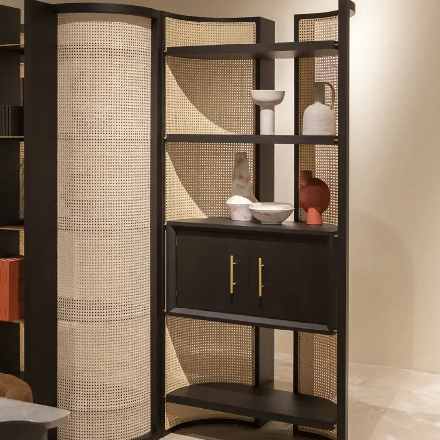 Elegant Black Tie Itoku bookcase crafted in wood with woven cream panels and a refined satin finish
