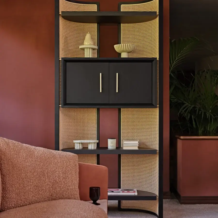 Superior Black Tie Itoku bookcase crafted in wood with matte dark stained finish and woven black panels