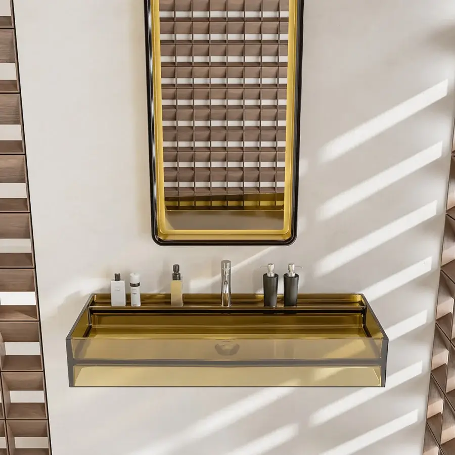 Captivating Norah Design CUBA washbasin crafted in translucent Norahcrystal with a golden glossy finish and integrated basin design