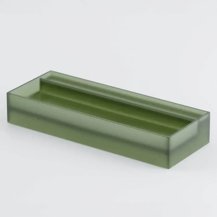 Architectural Norah Design CUBA washbasin crafted in translucent Norahcrystal and high-performance resin with a muted green gradient finish