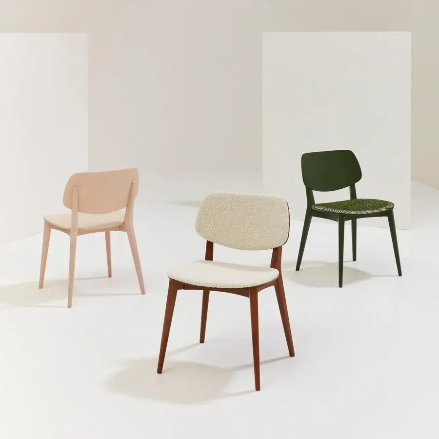 Distinguished Billiani Doll dining chair with off-white upholstered back and seat in satin finish wood<