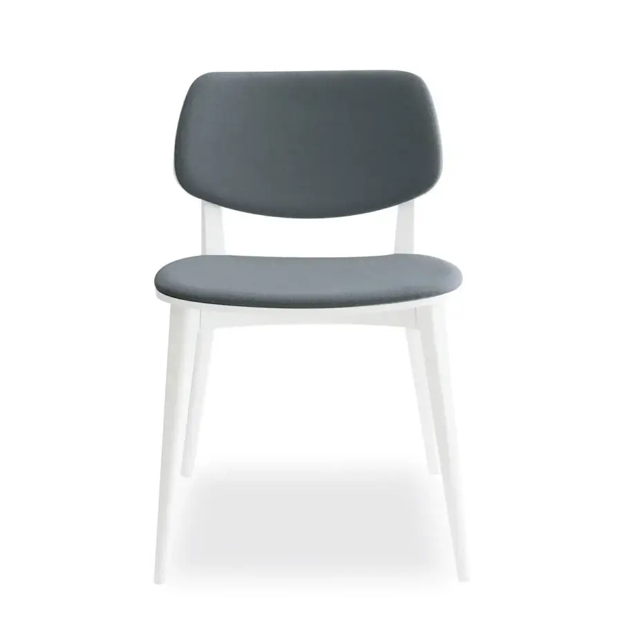 Elegant Billiani Doll dining chair with gently curved lines and muted gray textile upholstery in a matte white painted finish