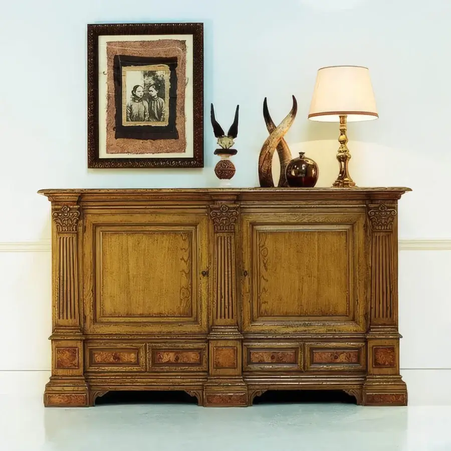 Elegant Faber Mobili Scarlino sideboard with imposing oak structure and olive ash burl drawer fronts in golden-brown finish