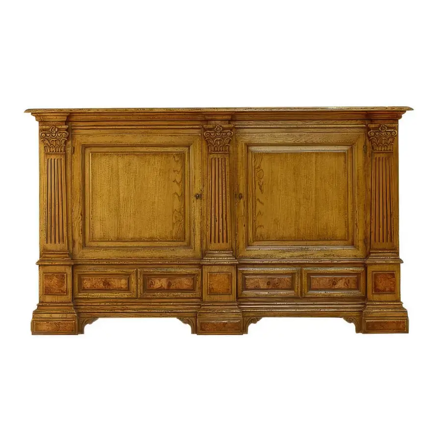 Timeless Faber Mobili Scarlino sideboard with masterful oak construction and intricately carved details in golden-brown finish