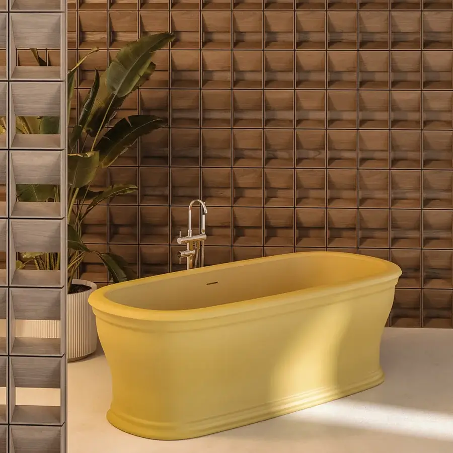 Distinguished Norah Design ARBT 01 bathtub with ovoid form crafted in muted yellow NorahCryl and velvety matte finish
