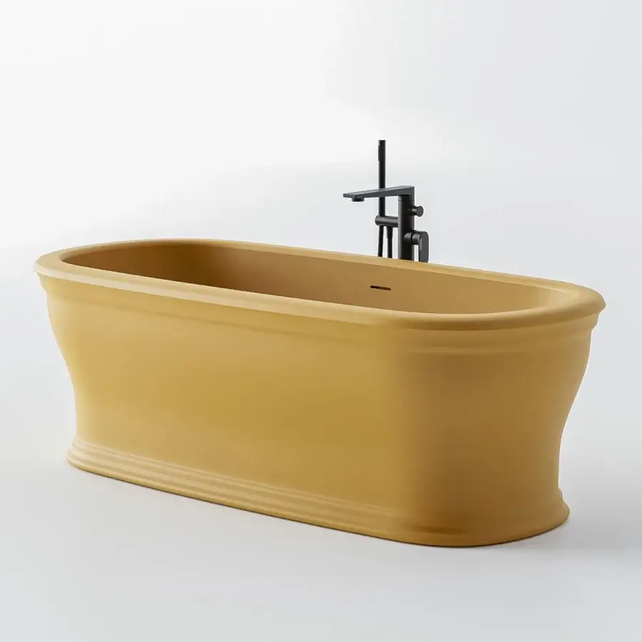 Superior Norah Design ARBT 01 bathtub with gently curved form crafted in muted golden yellow NorahCryl and velvety matte finish
