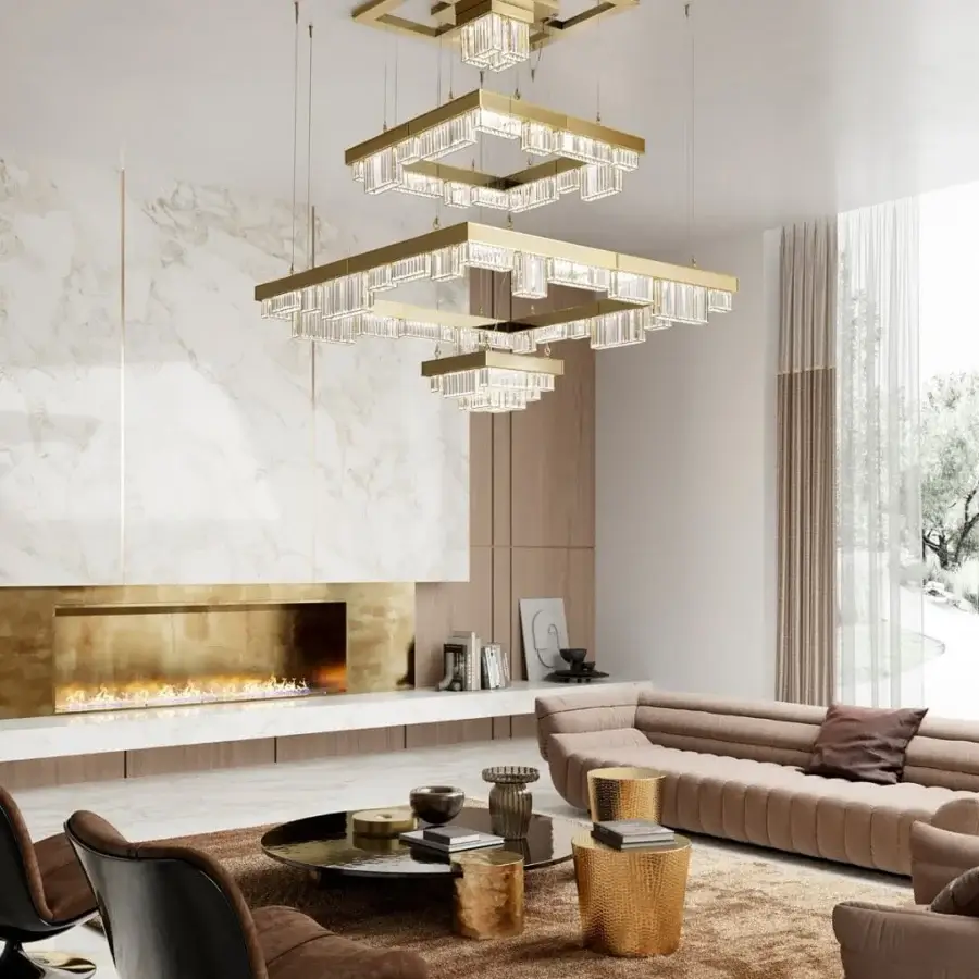 Architectural Patrizia Garganti Gisele chandelier with cascading silhouette crafted in glossy gold steel and sparkling glass elements