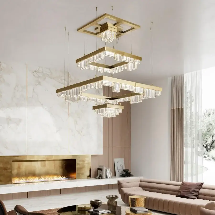 Captivating Patrizia Garganti Gisele chandelier with tiered geometric form crafted in radiant golden laser-cut steel and transparent modules