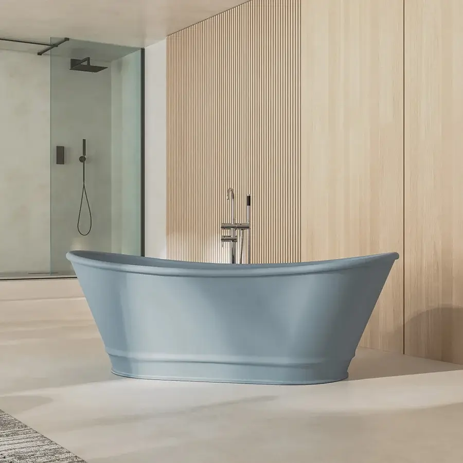 Exceptional Norah Design ARBT 02 bathtub crafted with organic form in dusty blue NorahCryl with velvety matte finish