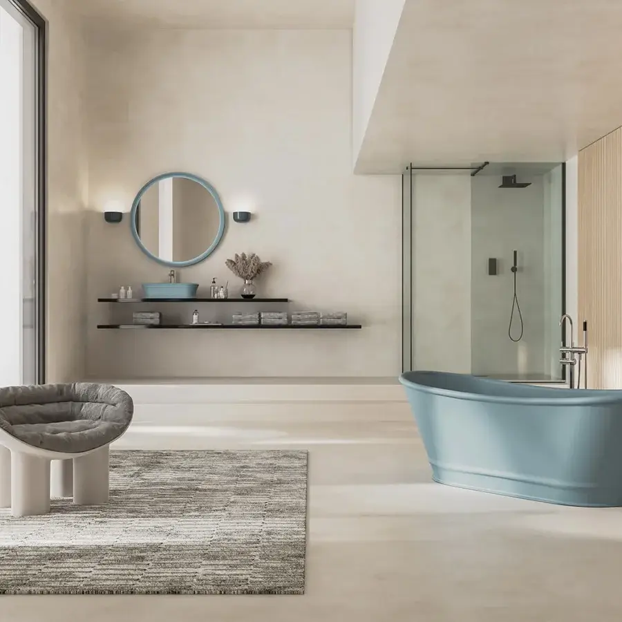 Luxury Norah Design ARBT 02 bathtub sculpted with organic curves in muted dusty blue NorahCryl with velvety matte finish