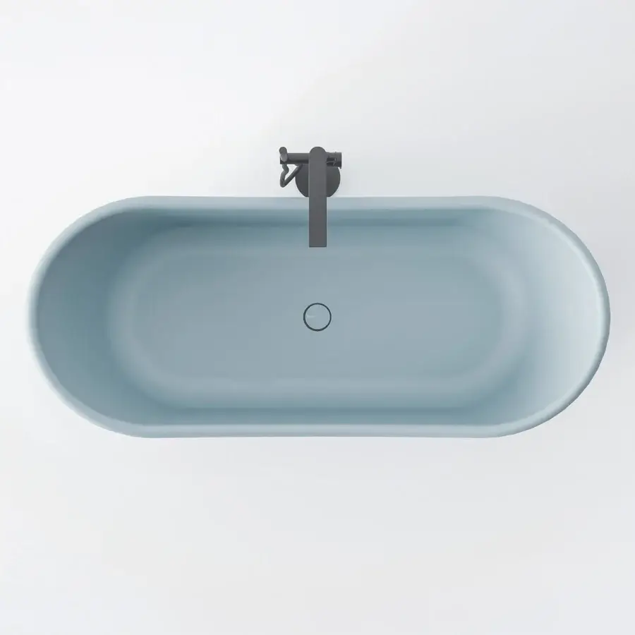 Distinguished Norah Design ARBT 02 bathtub sculpted with an organic oval form in muted dusty blue NorahCryl with a velvety matte finish