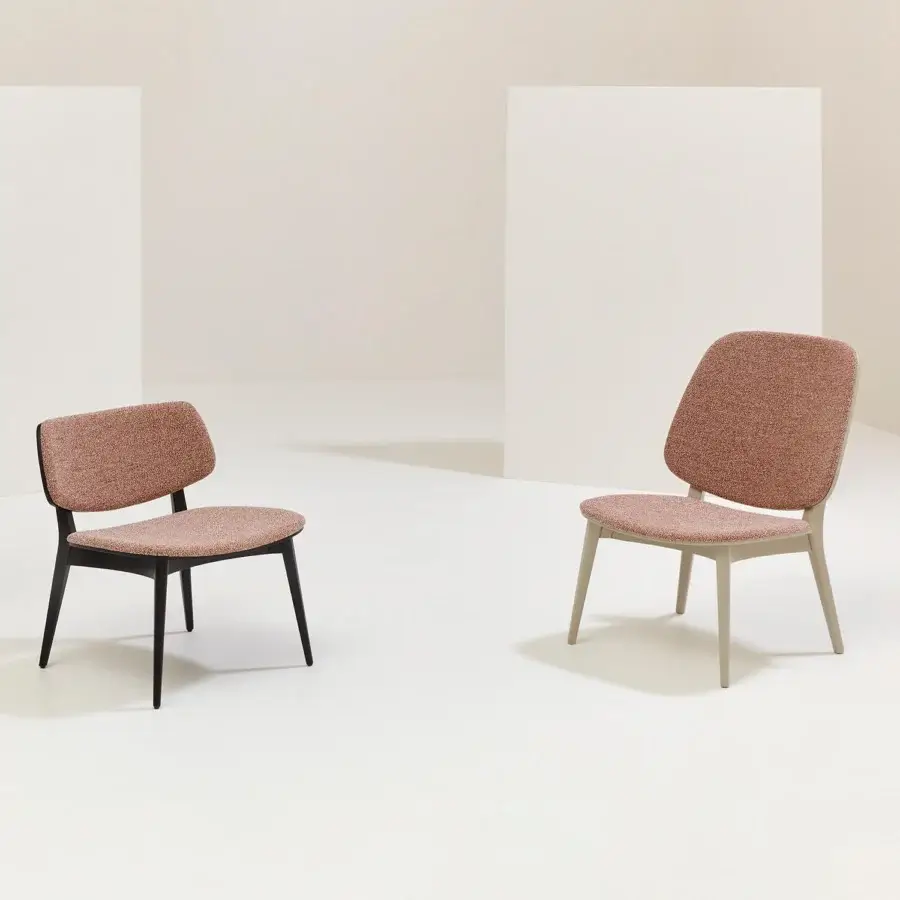 Sophisticated Billiani Doll Lounge chair upholstered in textured dusty rose textile with a matte dark wood frame