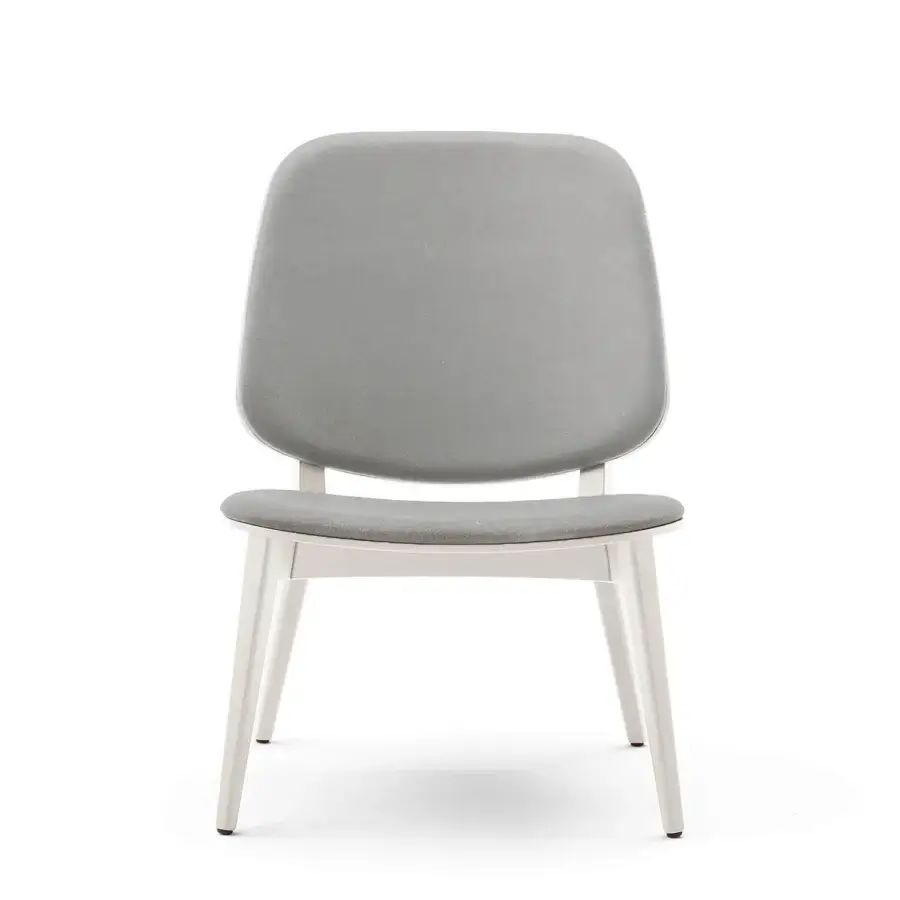 Superior Billiani Doll lounge chair with gently curved lines upholstered in medium gray textured textile and satin light wood frame