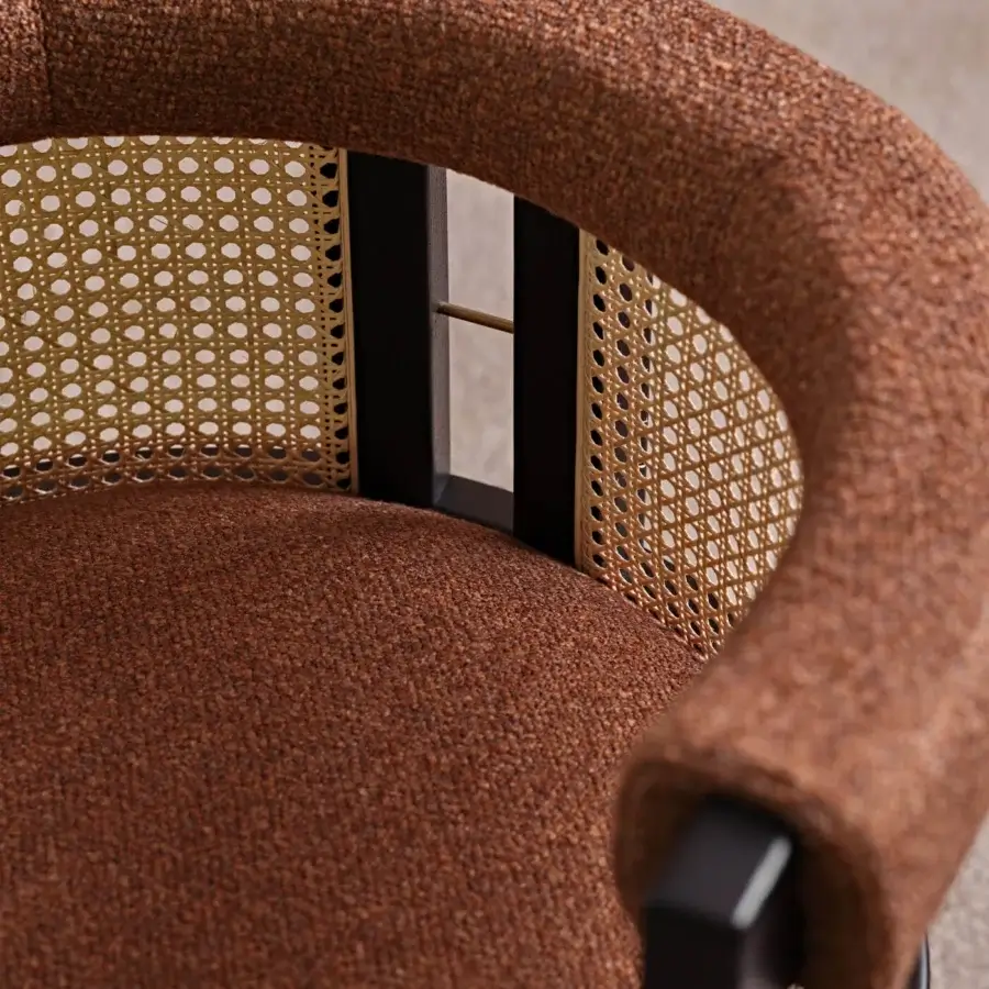 Harmonious Black Tie Kumiko chair with woven Vienna straw back and earthy brown fabric upholstery in a matte wood finish