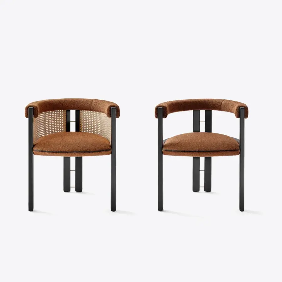 Distinguished Black Tie Kumiko chair with solid wood frame, textured brownish upholstery and subtle golden accents in a matte finish