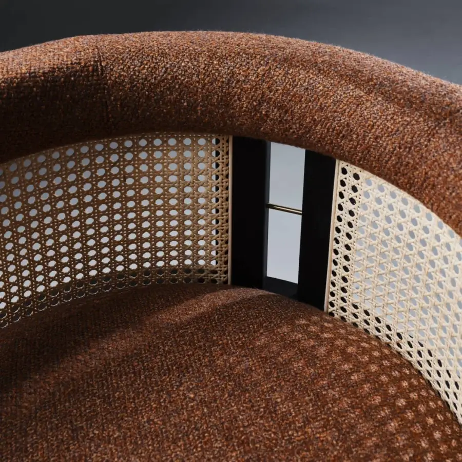 Exceptional Black Tie Kumiko chair with woven back and sides, earthy brown textured fabric, plus light beige kumiko detailing crafted in Italy
