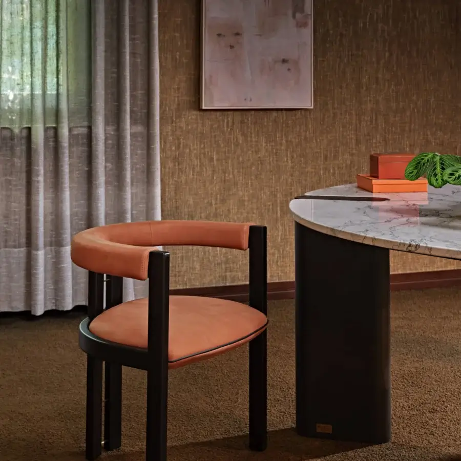 Superior Black Tie Kumiko chair crafted with solid wood, reddish-brown textile upholstery and a matte finish