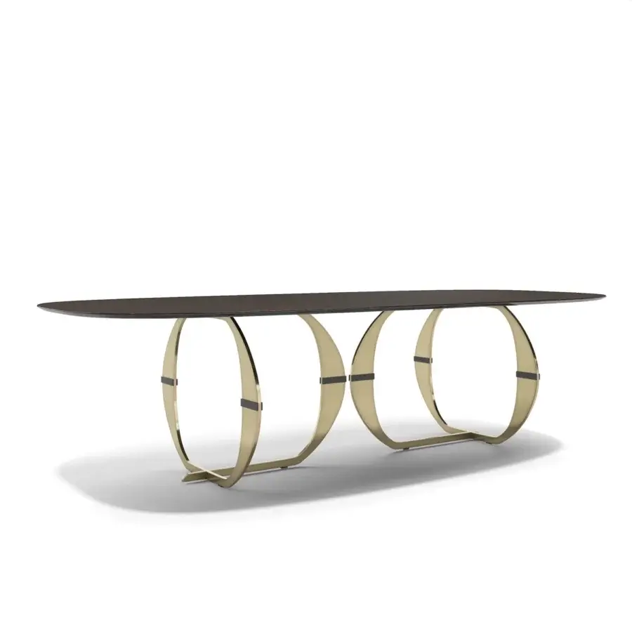Exclusive Capital Convivio table with sculpted matt wood tabletop and golden-toned metal base crafted in Italy
