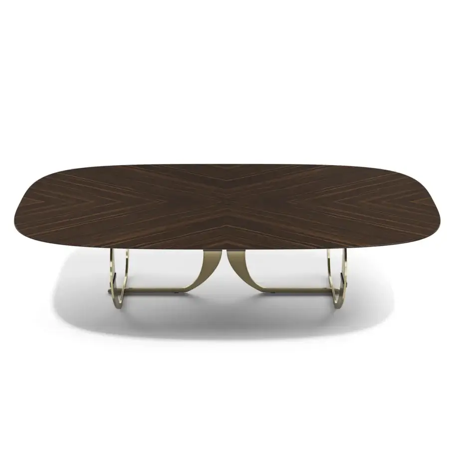 Distinguished Capital Convivio table with dark brown wood grain tabletop and dynamic golden-toned metal base in a satin finish