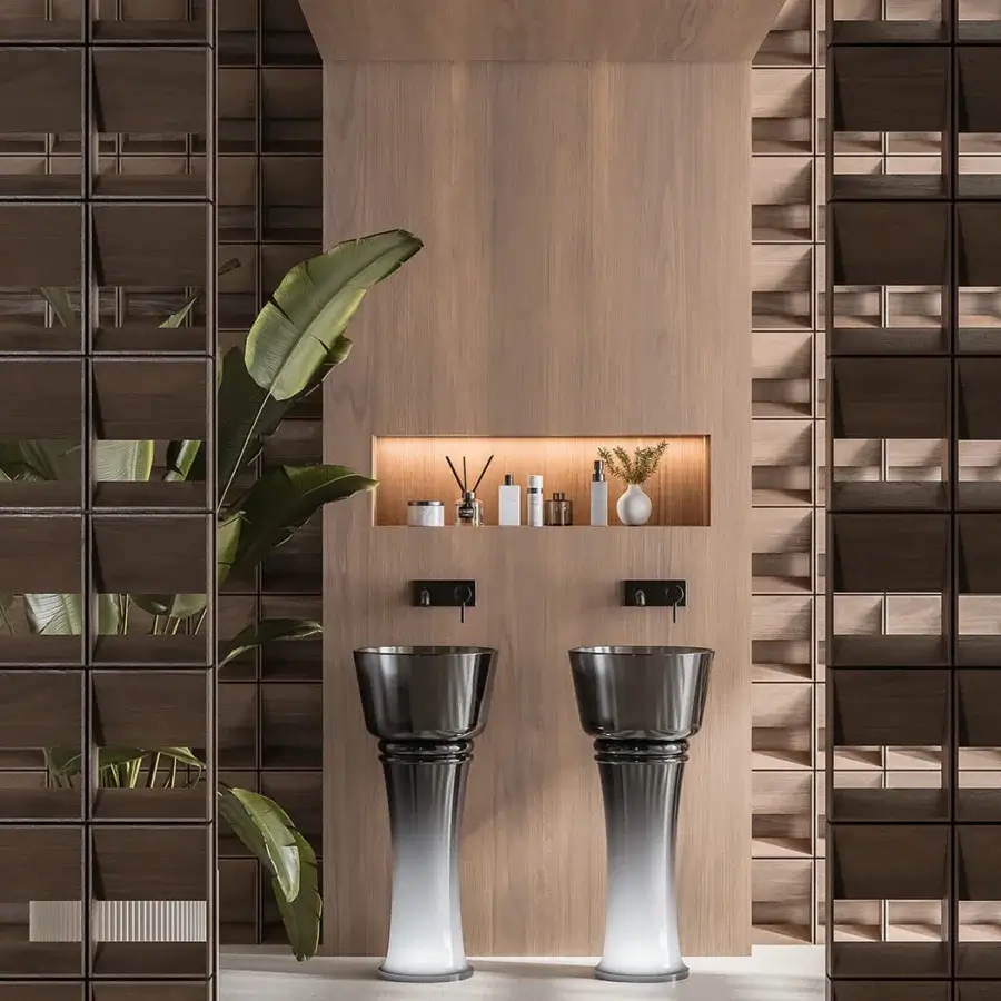 Distinguished Norah Design ARCN 01 sink crafted in translucent Norahcrystal with gradient and satin-finish metallic band