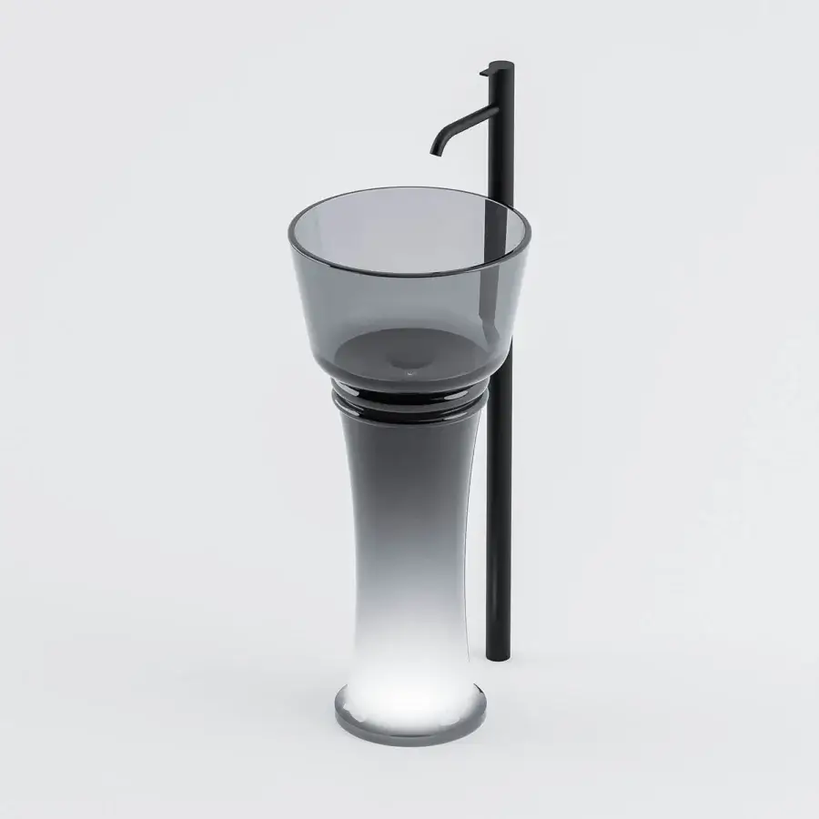 Captivating Norah Design ARCN 01 sink crafted in translucent smoky gray Norahcrystal with slender cylindrical silhouette