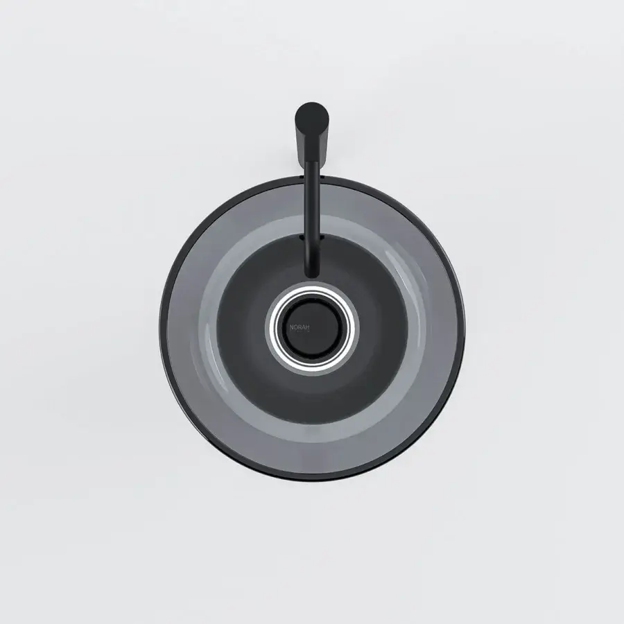 Architectural Norah Design ARCN 01 sink crafted in translucent gray Norahcrystal with matte black rim and lever handle