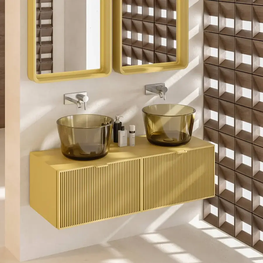 Architectural Norah Design ARBA 01 washbasin built from Norahcrystal and high-performance resin with a textured yellow wood cabinet and matte finish