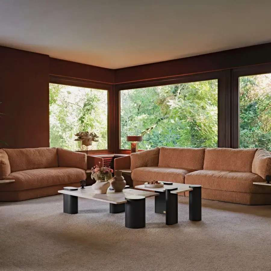 Distinguished Black Tie Lilith sofa with woven textured fabric and dark brown stained wood frame
