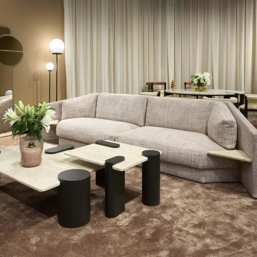 Elegant Black Tie Lilith sofa with integrated cushions, woven fabric upholstery, and a neutral beige-grey finish