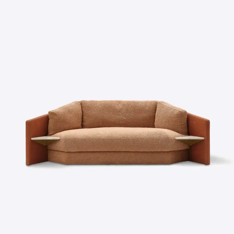 Distinguished Black Tie Lilith sofa crafted in Italy with warm earthy brown bouclé textile and reddish-brown wood accents with polished stone