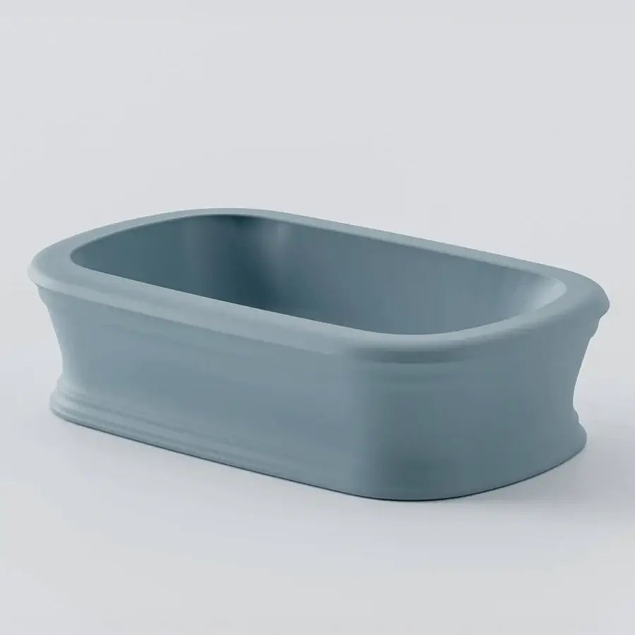 Exceptional Norah Design ARBA 02 washbasin crafted from Norahcryl with softly curved silhouette and velvety matte grayish-blue finish
