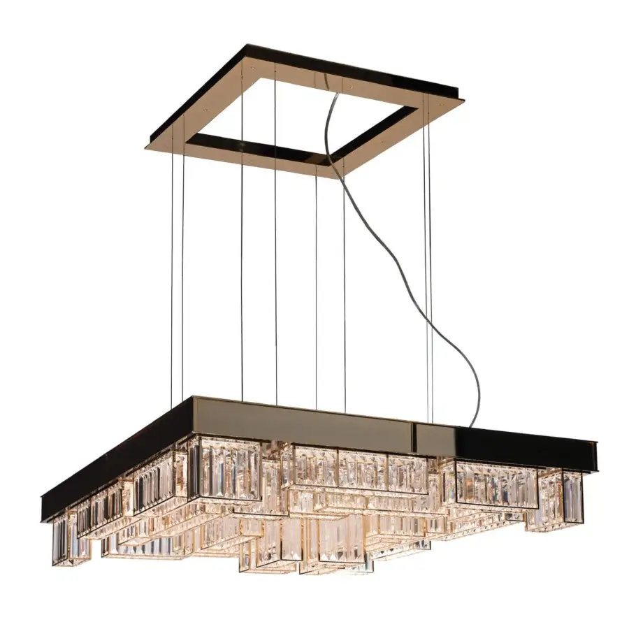 Distinguished Patrizia Garganti Gisele Square suspension lamp with a dark muted bronze metal frame and cascading crystal-like illuminated elements