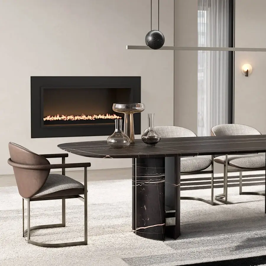 Distinguished Capital Ercole table crafted in dark veined marble with a subtle metal insert and polished surface